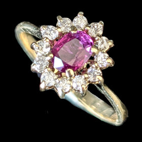 Vintage Ruby Diamonds 14k Yellow Gold Halo Statement or Gem Engagement Gift 