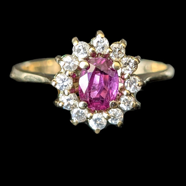 Vintage Ruby Diamonds 14k Yellow Gold Halo Statement or Gem Engagement Gift 