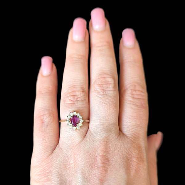 Vintage Ruby Diamonds 14k Yellow Gold Halo Statement or Gem Engagement Gift on hand