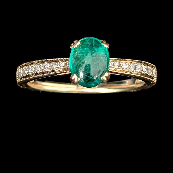 Estate Cabochon Cut Emerald Diamond 14k Yellow Gold Ring Engagement Statement