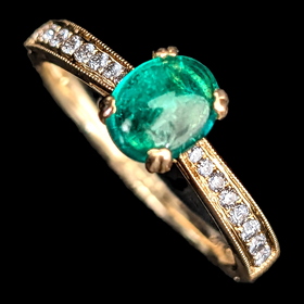 Estate Cabochon Cut Emerald Diamond 14k Yellow Gold Ring Engagement Statement