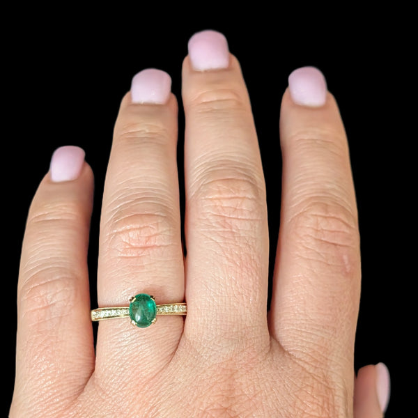 Estate Cabochon Cut Emerald Diamond 14k Yellow Gold Ring Engagement Statement