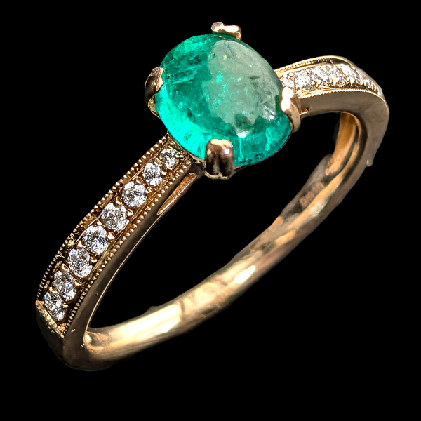 Estate Cabochon Cut Emerald Diamond 14k Yellow Gold Ring Engagement Statement