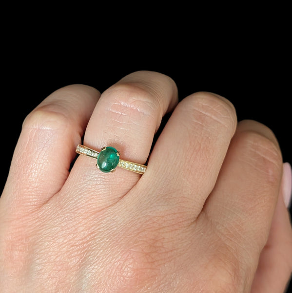 Estate Cabochon Cut Emerald Diamond 14k Yellow Gold Ring Engagement Statement