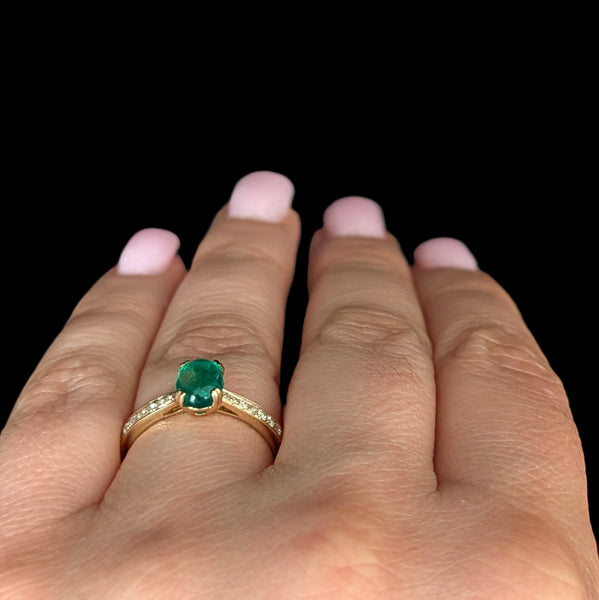 Estate Cabochon Cut Emerald Diamond 14k Yellow Gold Ring Engagement Statement