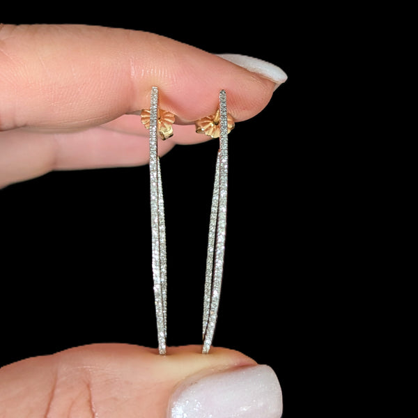 Estate Natural Diamonds 14k Yellow Gold Inside Out Elongated Hoop Earrings Gift