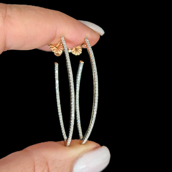 Estate Natural Diamonds 14k Yellow Gold Inside Out Elongated Hoop Earrings Gift