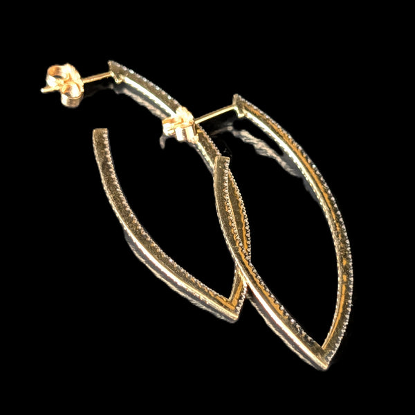 Estate Natural Diamonds 14k Yellow Gold Inside Out Elongated Hoop Earrings Gift