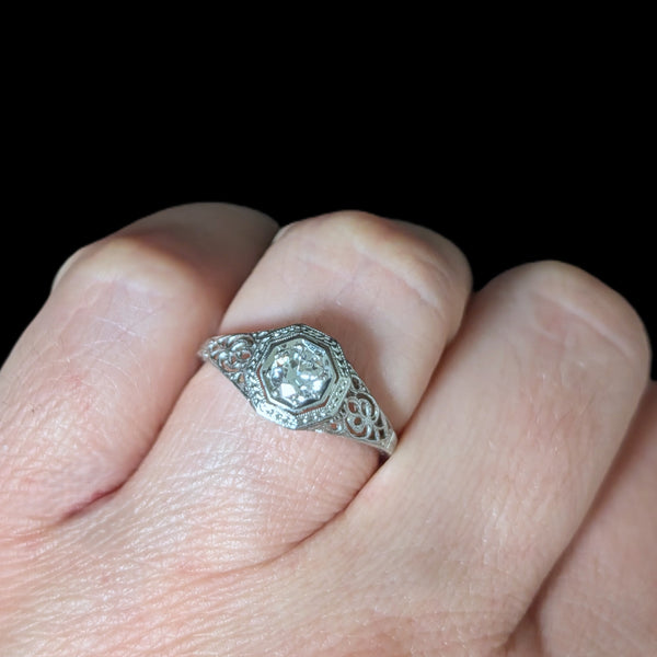 Art Deco Old European Cut Diamond 14k White Gold Platinum Engagement Ring 1920s