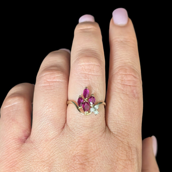Vintage Marquise Cut Rubies Diamonds 14k Yellow Gold Statement Ring Estate Gift 