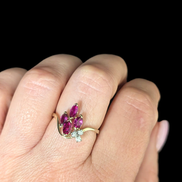 Vintage Marquise Cut Rubies Diamonds 14k Yellow Gold Statement Ring Estate Gift 