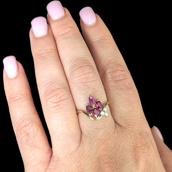 Vintage Marquise Cut Rubies Diamonds 14k Yellow Gold Statement Ring Estate Gift 
