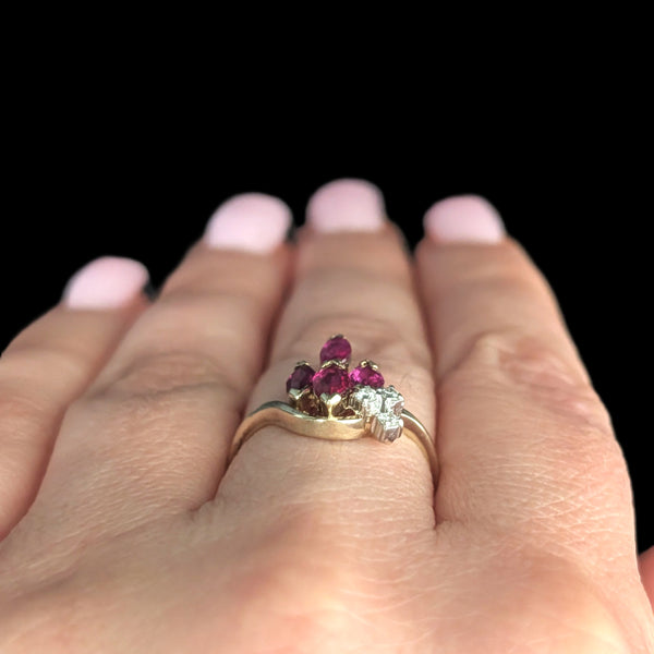 Vintage Marquise Cut Rubies Diamonds 14k Yellow Gold Statement Ring Estate Gift 