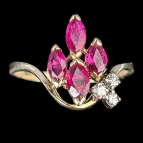 Vintage Marquise Cut Rubies Diamonds 14k Yellow Gold Statement Ring Estate Gift 