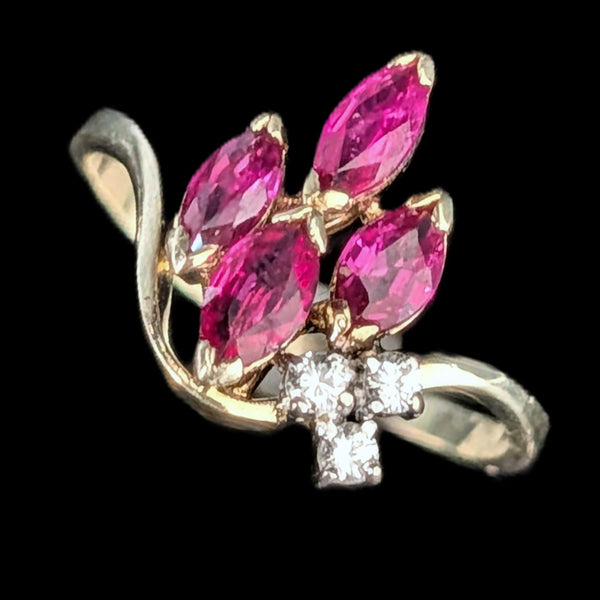 Vintage Marquise Cut Rubies Diamonds 14k Yellow Gold Statement Ring Estate Gift 