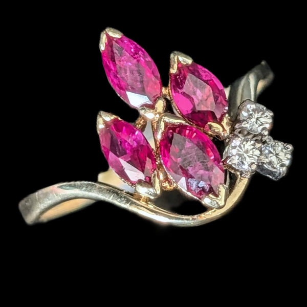 Vintage Marquise Cut Rubies Diamonds 14k Yellow Gold Statement Ring Estate Gift 