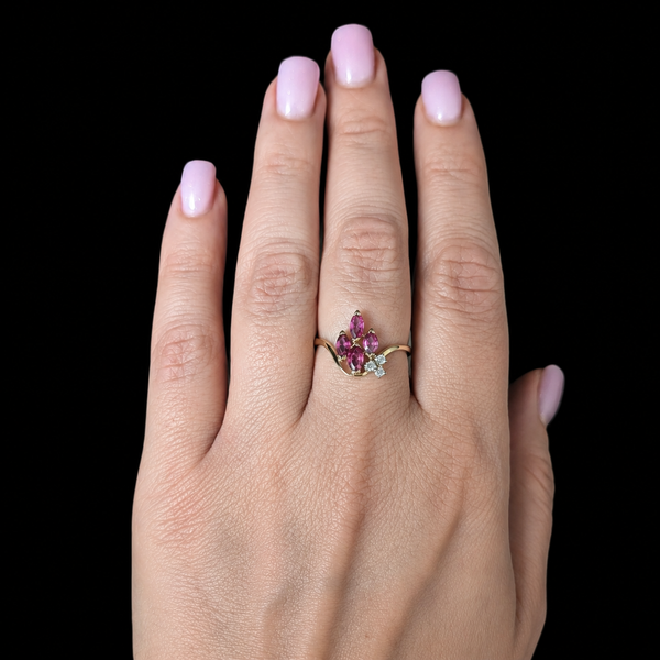 Vintage Marquise Cut Rubies Diamonds 14k Yellow Gold Statement Ring Estate Gift 