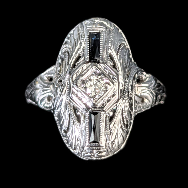 1920s Art Deco Old European Cut Diamond Lab Sapphire 14k White Gold Ring Antique