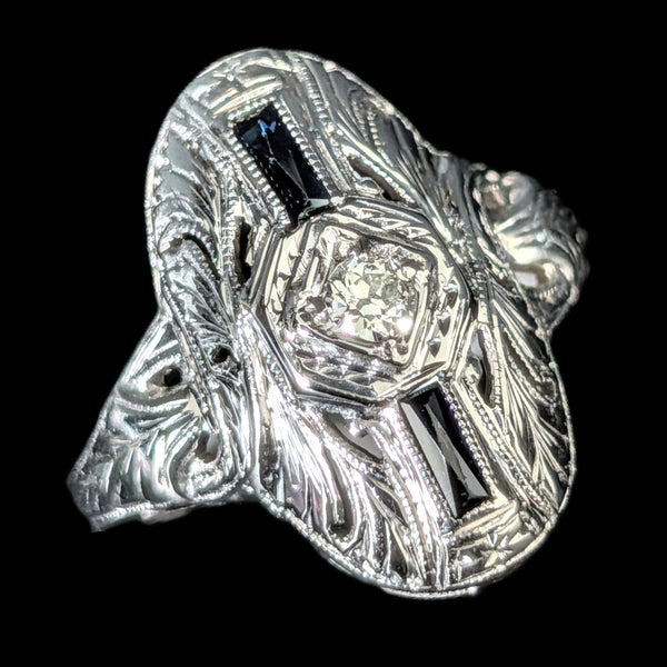 1920s Art Deco Old European Cut Diamond Lab Sapphire 14k White Gold Ring Antique
