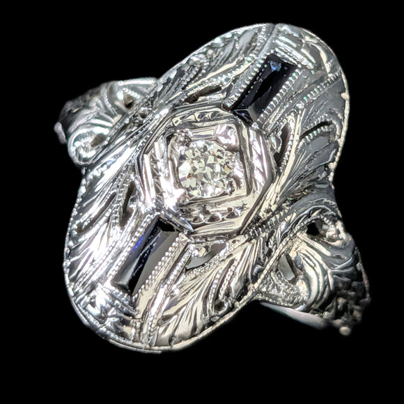 1920s Art Deco Old European Cut Diamond Lab Sapphire 14k White Gold Ring Antique