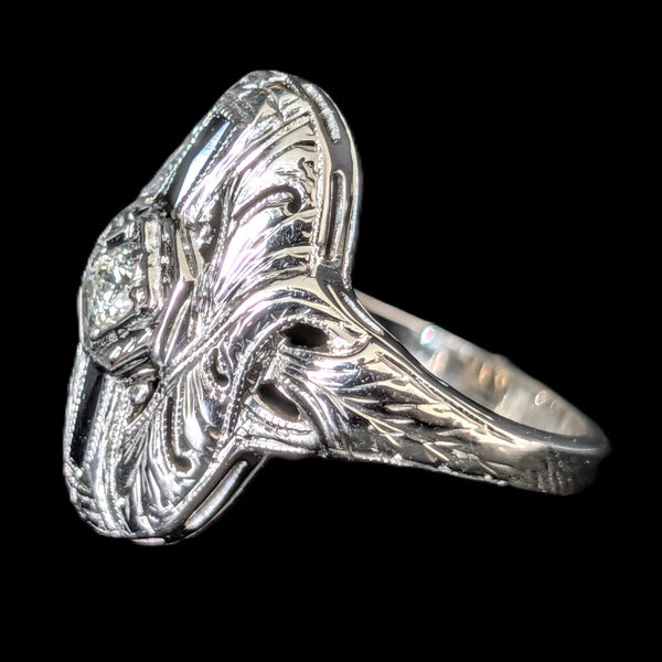 1920s Art Deco Old European Cut Diamond Lab Sapphire 14k White Gold Ring Antique