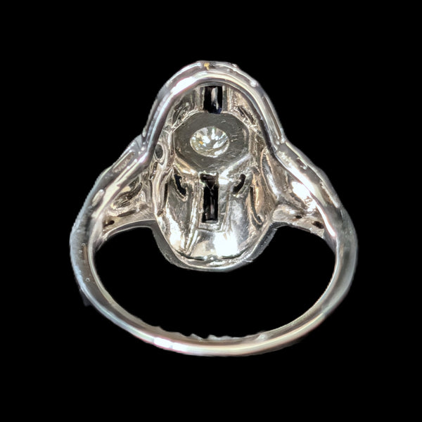 1920s Art Deco Old European Cut Diamond Lab Sapphire 14k White Gold Ring Antique