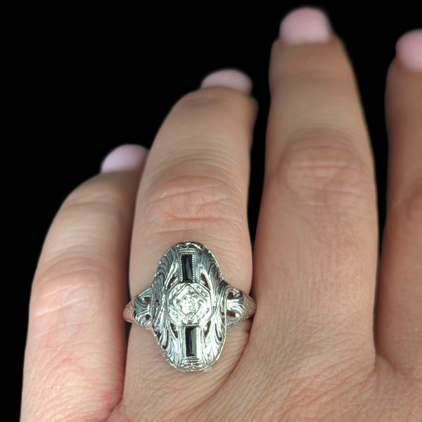1920s Art Deco Old European Cut Diamond Lab Sapphire 14k White Gold Ring Antique
