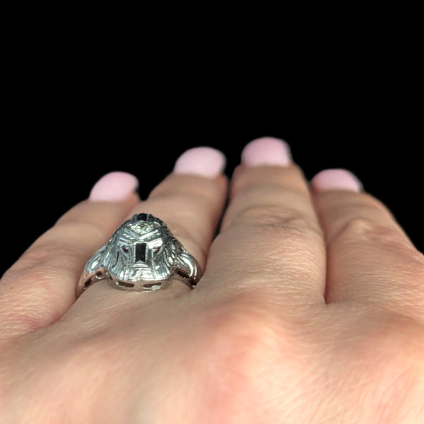 1920s Art Deco Old European Cut Diamond Lab Sapphire 14k White Gold Ring Antique