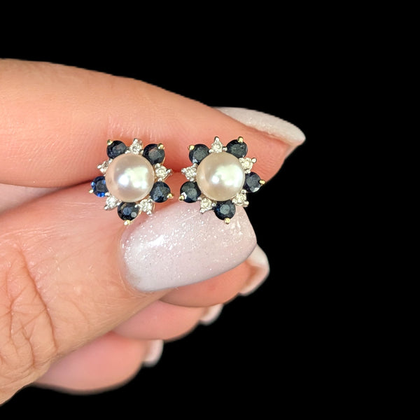 Vintage Pearl Diamonds Sapphires 14k Yellow Gold Floral Halo Stud Earrings Gift