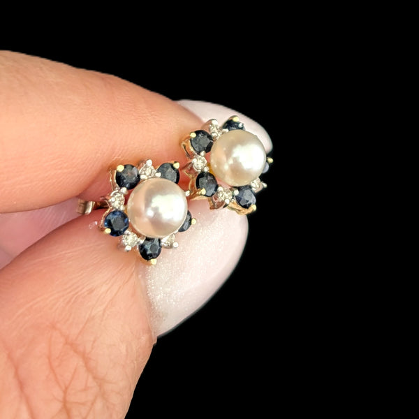 Vintage Pearl Diamonds Sapphires 14k Yellow Gold Floral Halo Stud Earrings Gift