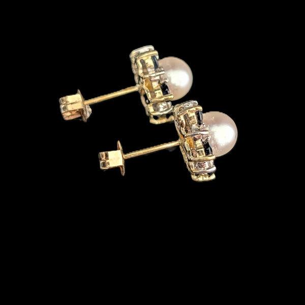 Vintage Pearl Diamonds Sapphires 14k Yellow Gold Floral Halo Stud Earrings Gift
