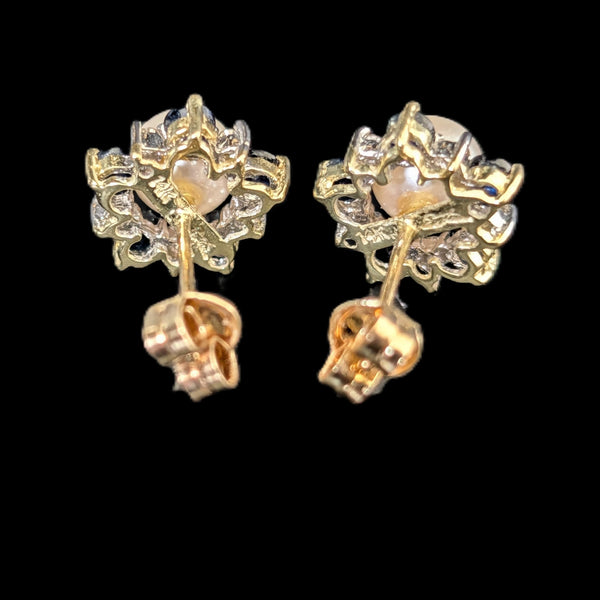 Vintage Pearl Diamonds Sapphires 14k Yellow Gold Floral Halo Stud Earrings Gift