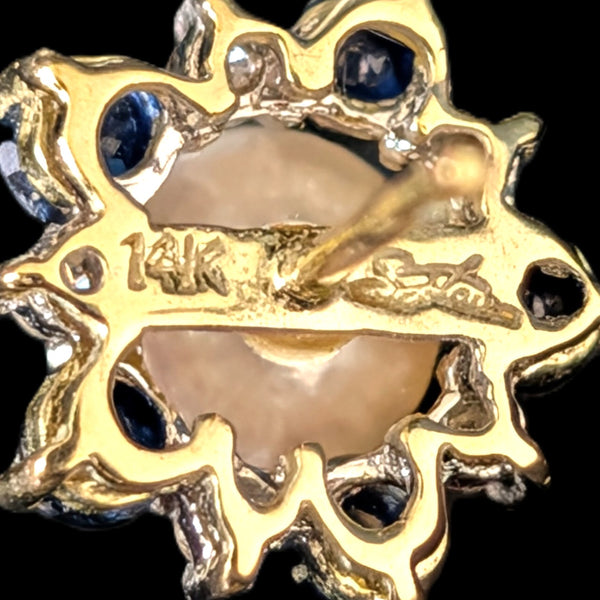 Vintage Pearl Diamonds Sapphires 14k Yellow Gold Floral Halo Stud Earrings Gift