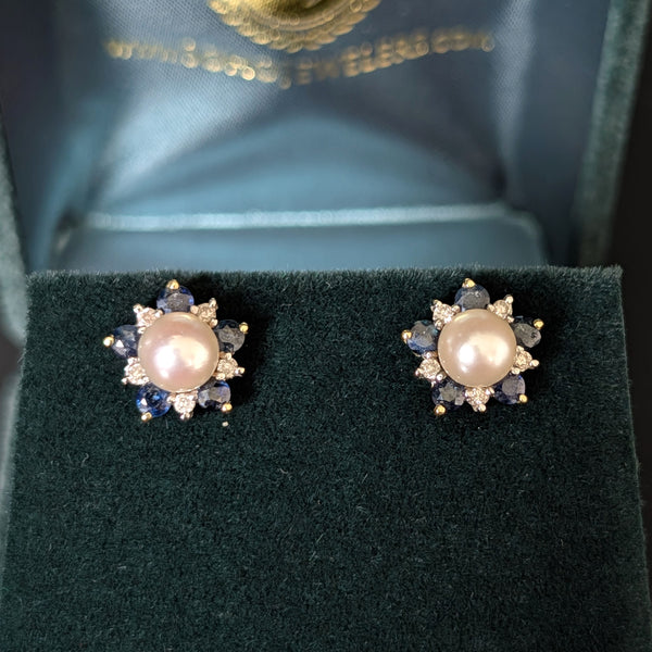 Vintage Pearl Diamonds Sapphires 14k Yellow Gold Floral Halo Stud Earrings Gift