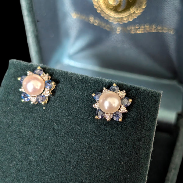 Vintage Pearl Diamonds Sapphires 14k Yellow Gold Floral Halo Stud Earrings Gift