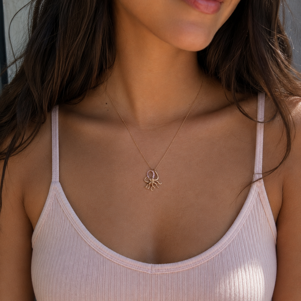 Octopus DENNY WONG Diamonds Pink Sapphires 14k Rose Gold Pendant on 10k Chain 