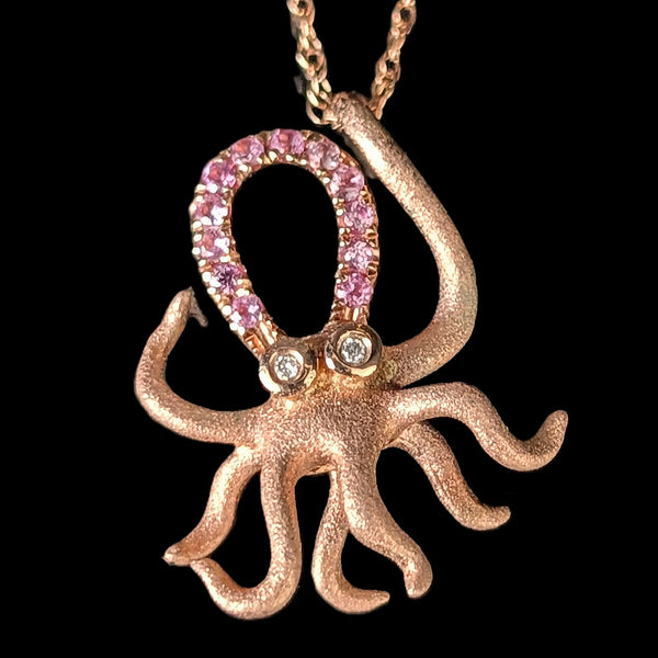 Octopus DENNY WONG Diamonds Pink Sapphires 14k Rose Gold Pendant on 10k Chain 