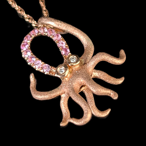 Octopus DENNY WONG Diamonds Pink Sapphires 14k Rose Gold Pendant on 10k Chain 