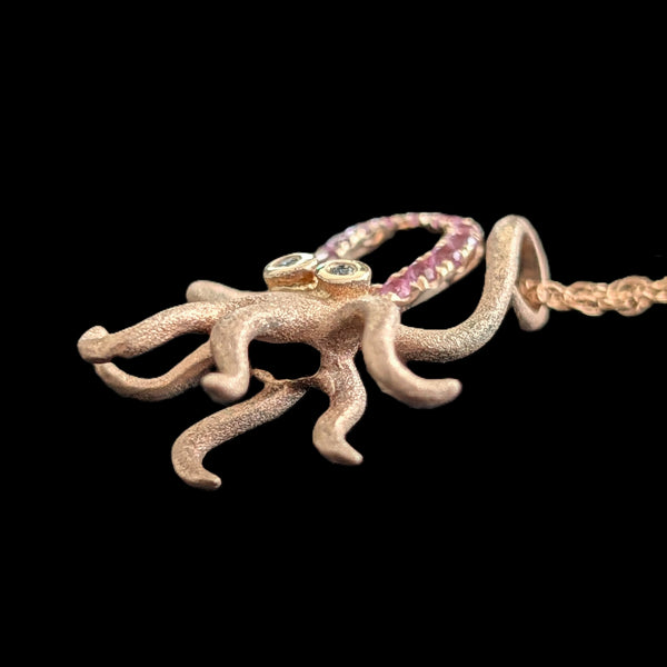 Octopus DENNY WONG Diamonds Pink Sapphires 14k Rose Gold Pendant on 10k Chain 