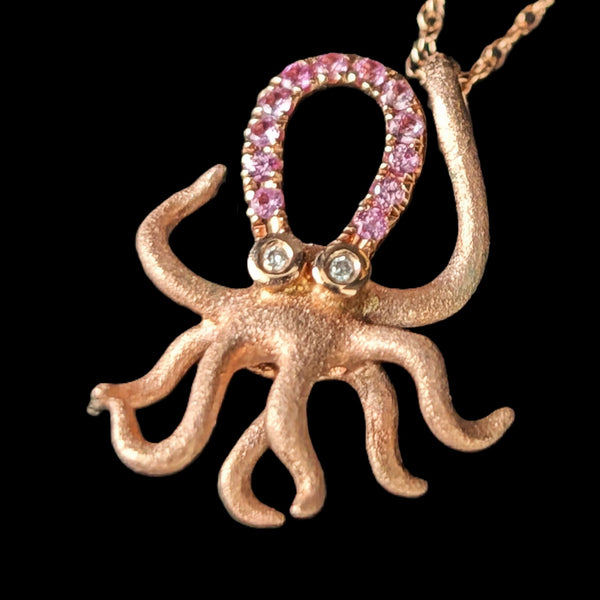Octopus DENNY WONG Diamonds Pink Sapphires 14k Rose Gold Pendant on 10k Chain 