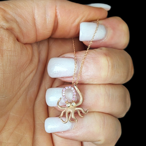 Octopus DENNY WONG Diamonds Pink Sapphires 14k Rose Gold Pendant on 10k Chain 