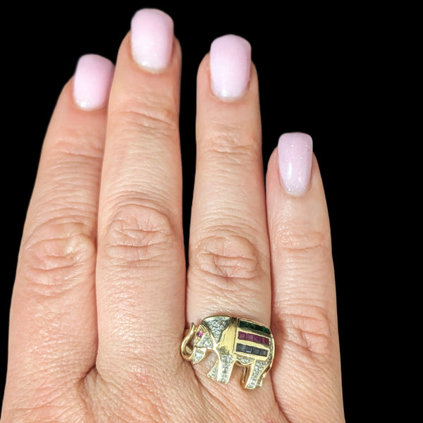 Vintage Elephant Ring Diamonds Rubies Emeralds Sapphires 14k Yellow Gold Gift