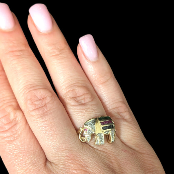 Vintage Elephant Ring Diamonds Rubies Emeralds Sapphires 14k Yellow Gold Gift
