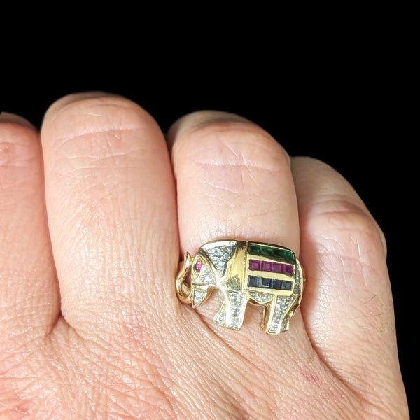 Vintage Elephant Ring Diamonds Rubies Emeralds Sapphires 14k Yellow Gold Gift