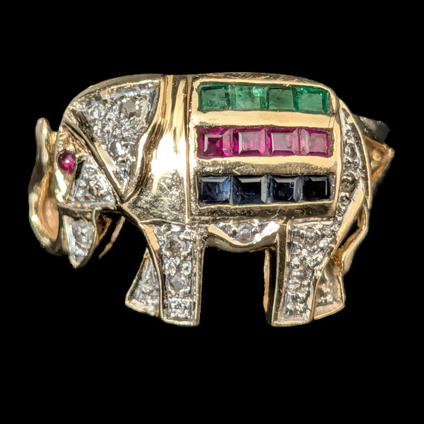 Vintage Elephant Ring Diamonds Rubies Emeralds Sapphires 14k Yellow Gold Gift