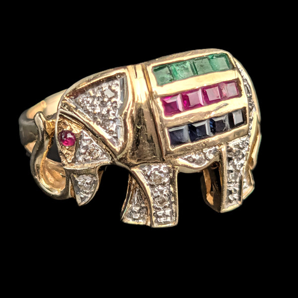 Vintage Elephant Ring Diamonds Rubies Emeralds Sapphires 14k Yellow Gold Gift