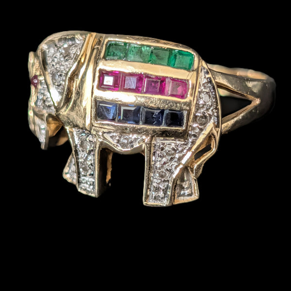 Vintage Elephant Ring Diamonds Rubies Emeralds Sapphires 14k Yellow Gold Gift
