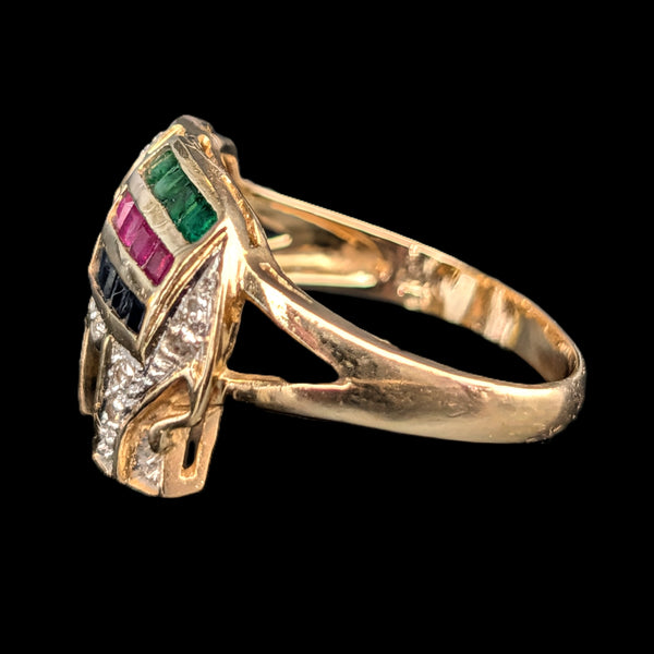 Vintage Elephant Ring Diamonds Rubies Emeralds Sapphires 14k Yellow Gold Gift