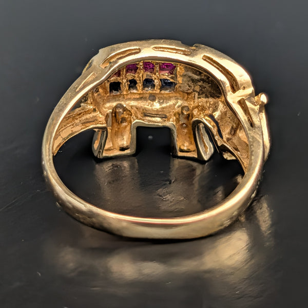 Vintage Elephant Ring Diamonds Rubies Emeralds Sapphires 14k Yellow Gold Gift
