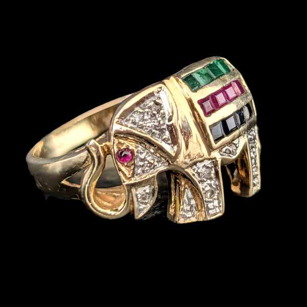 Vintage Elephant Ring Diamonds Rubies Emeralds Sapphires 14k Yellow Gold Gift